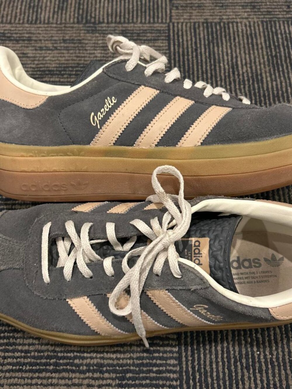 Adidas Gazelle sneakers in gray with beige stripes, size US 11